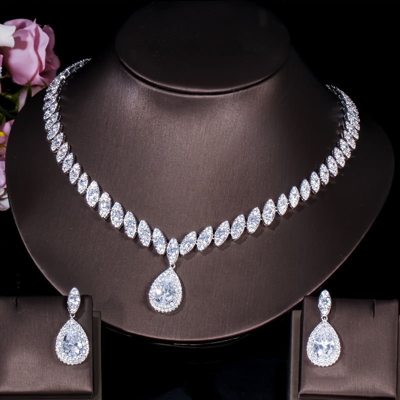 Women’s Jewelry Set with Waterdrop Pendant Necklace and Dangle Earrings Synthetic Zirconia for Weddings and Parties