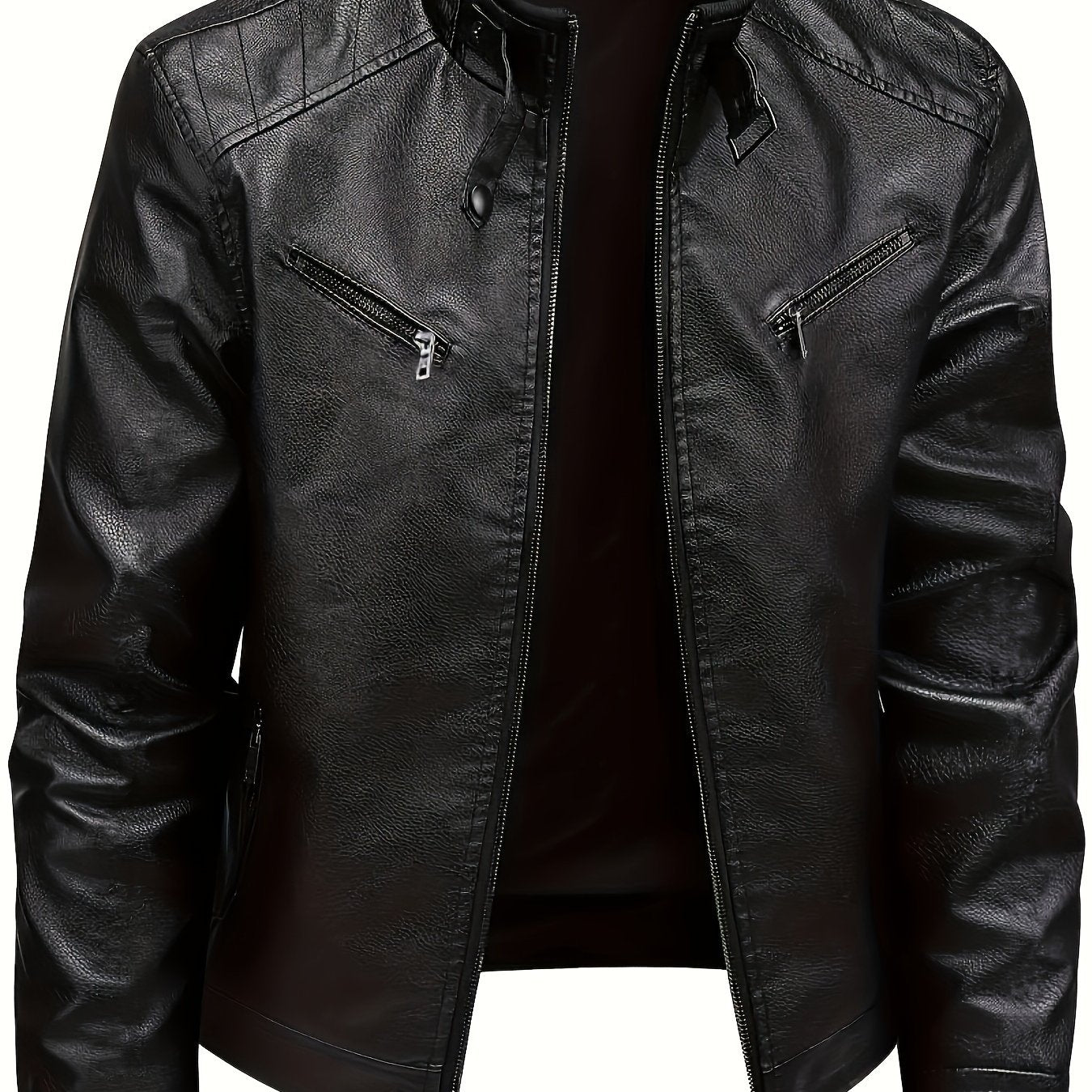 Men's PU Motorcycle Coat for Spring and Autumn with Zipper Stand Collar and Pockets