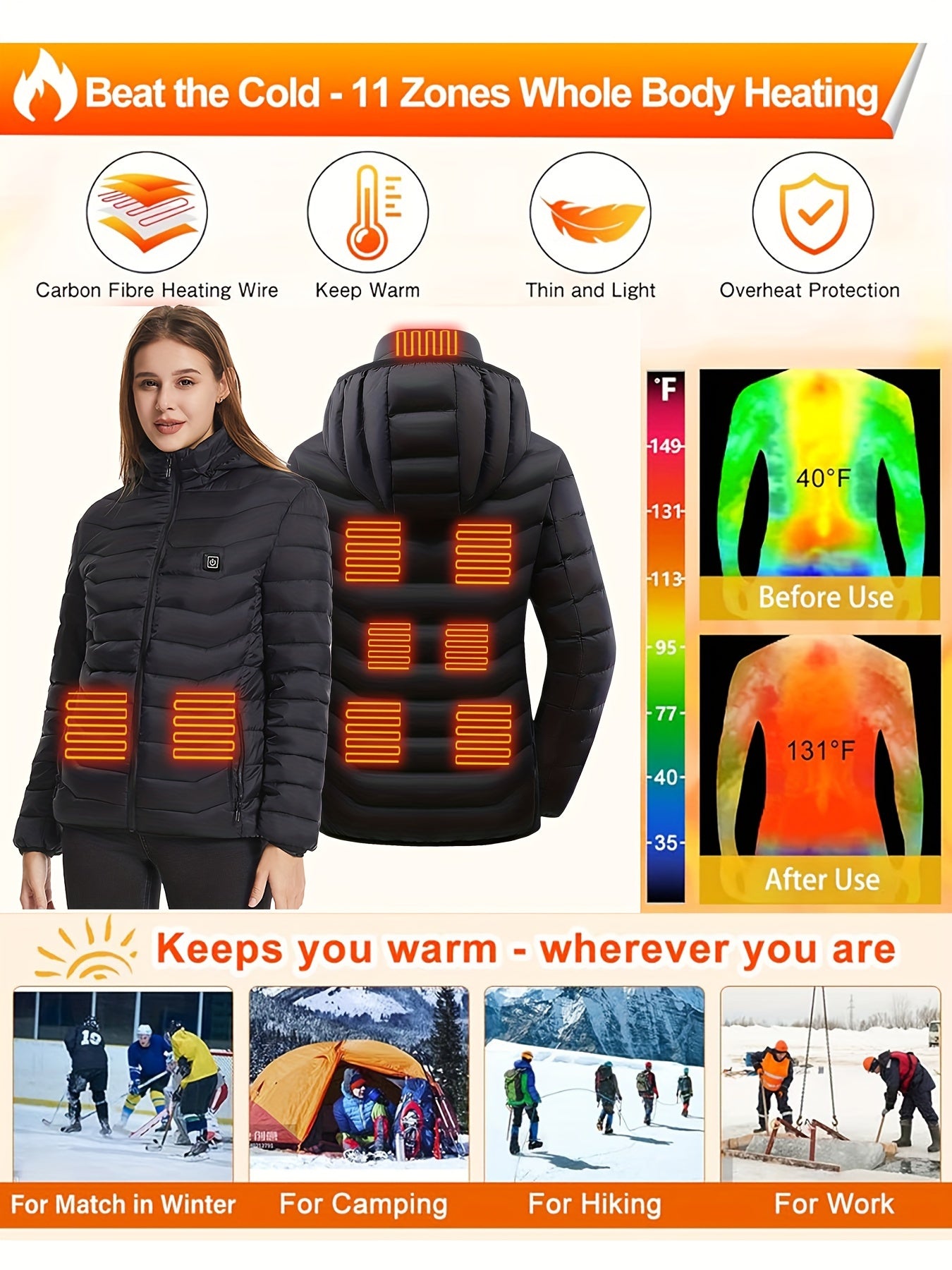 Women's Heated Jacket USB Powered Long Sleeve Plus Size 1XL-4XL