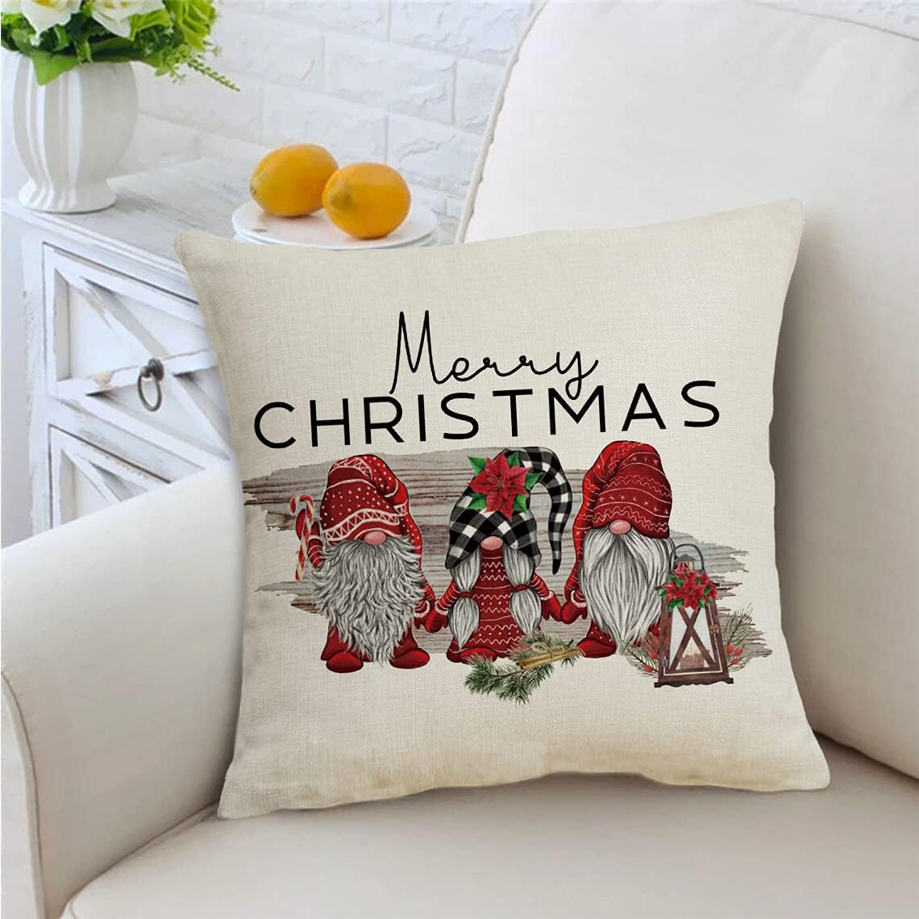 Christmas Gnome Decorative Throw Pillow Cover 16x16 18x18 Red Farmhouse Cushion