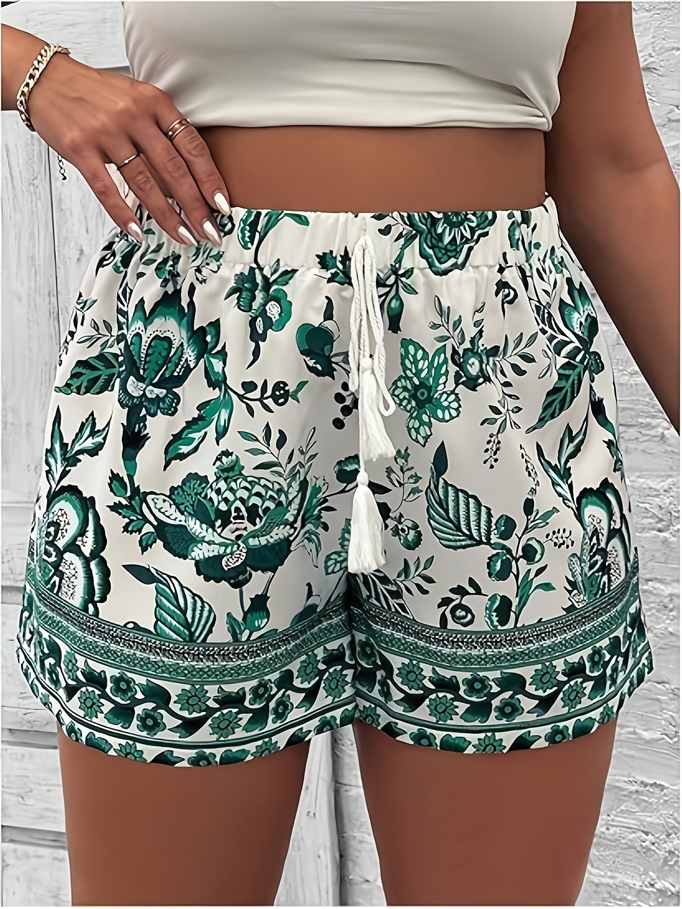 Women's Plus Size Bohemian Floral Print High-Waist Wide-Leg Shorts Blue White Summer