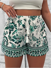 Women's Plus Size Bohemian Floral Print High-Waist Wide-Leg Shorts Blue White Summer