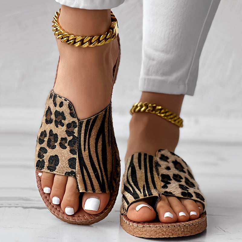 Women Two-Tone Leopard Print Slide Sandals Open Toe Flat Heel
