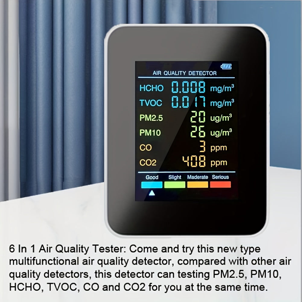 6-in-1 Air Quality Monitor with LCD Display CO2 PM2.5 PM10 HCHO TVOC CO
