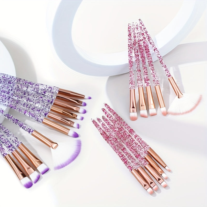 10Pc Makeup Brush Set Pink Glitter Crystal Handles Soft Nylon Bristles for Face Eyeshadow