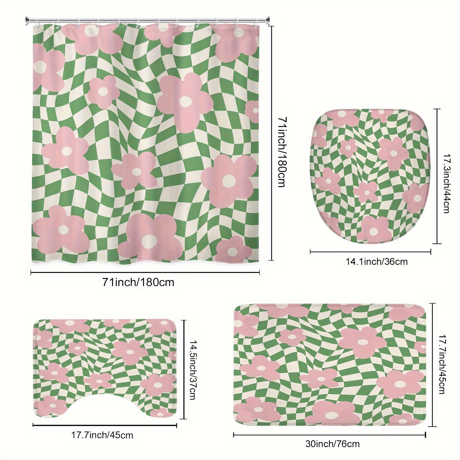 Polyester Shower Curtain Pink Green Floral Checkered 152x183 cm Waterproof Machine Washable