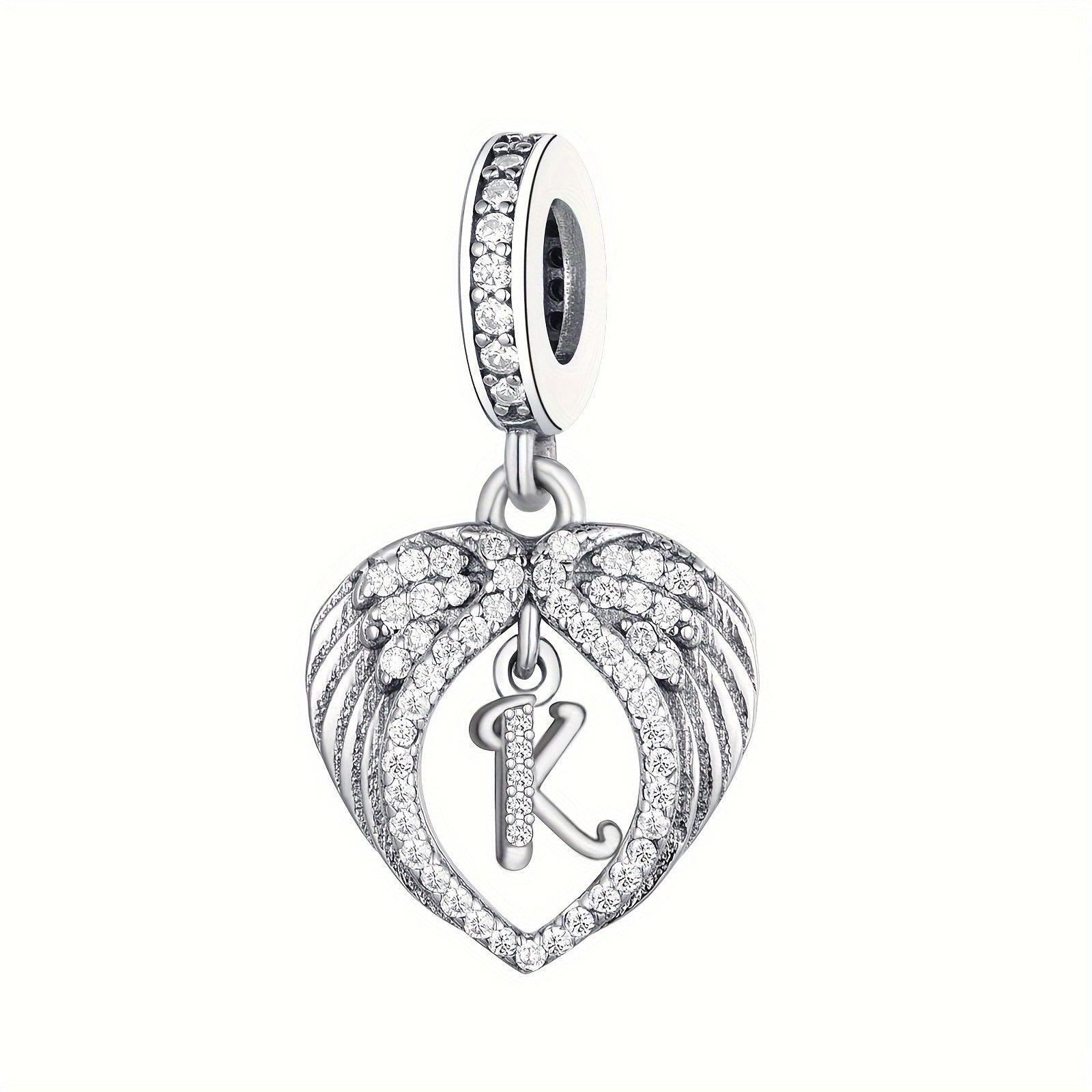 Sterling Silver Heart-Shaped Wing Pendant with Zircon Letter for DIY Jewelry