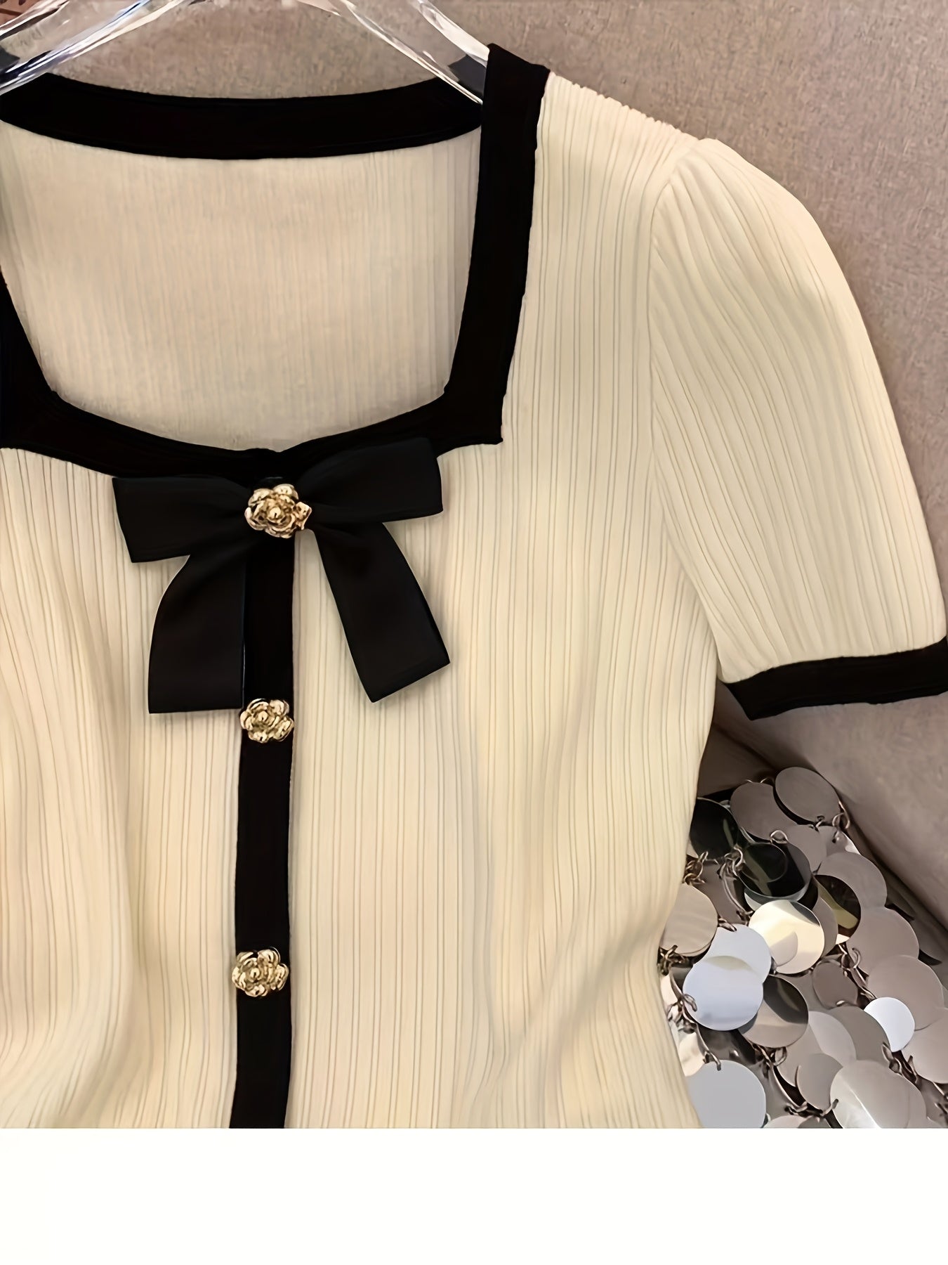 Plus Size Women's Square Neck Ice Silk Blouse with Bow Detail