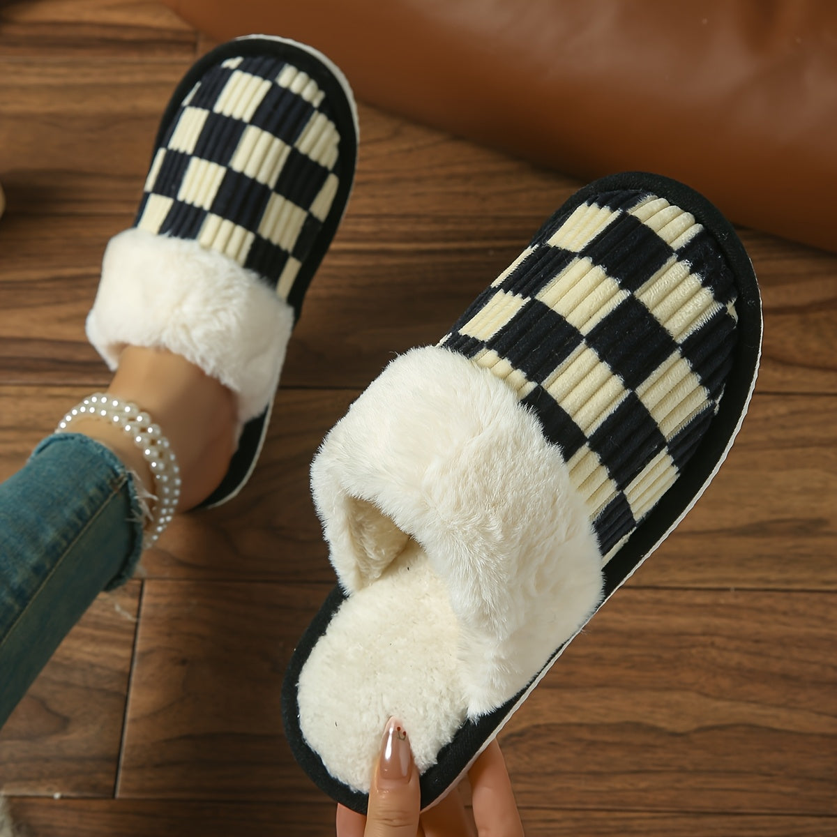 Women's Plush Striped Slippers Pink and White Checkered Indoor Shoes