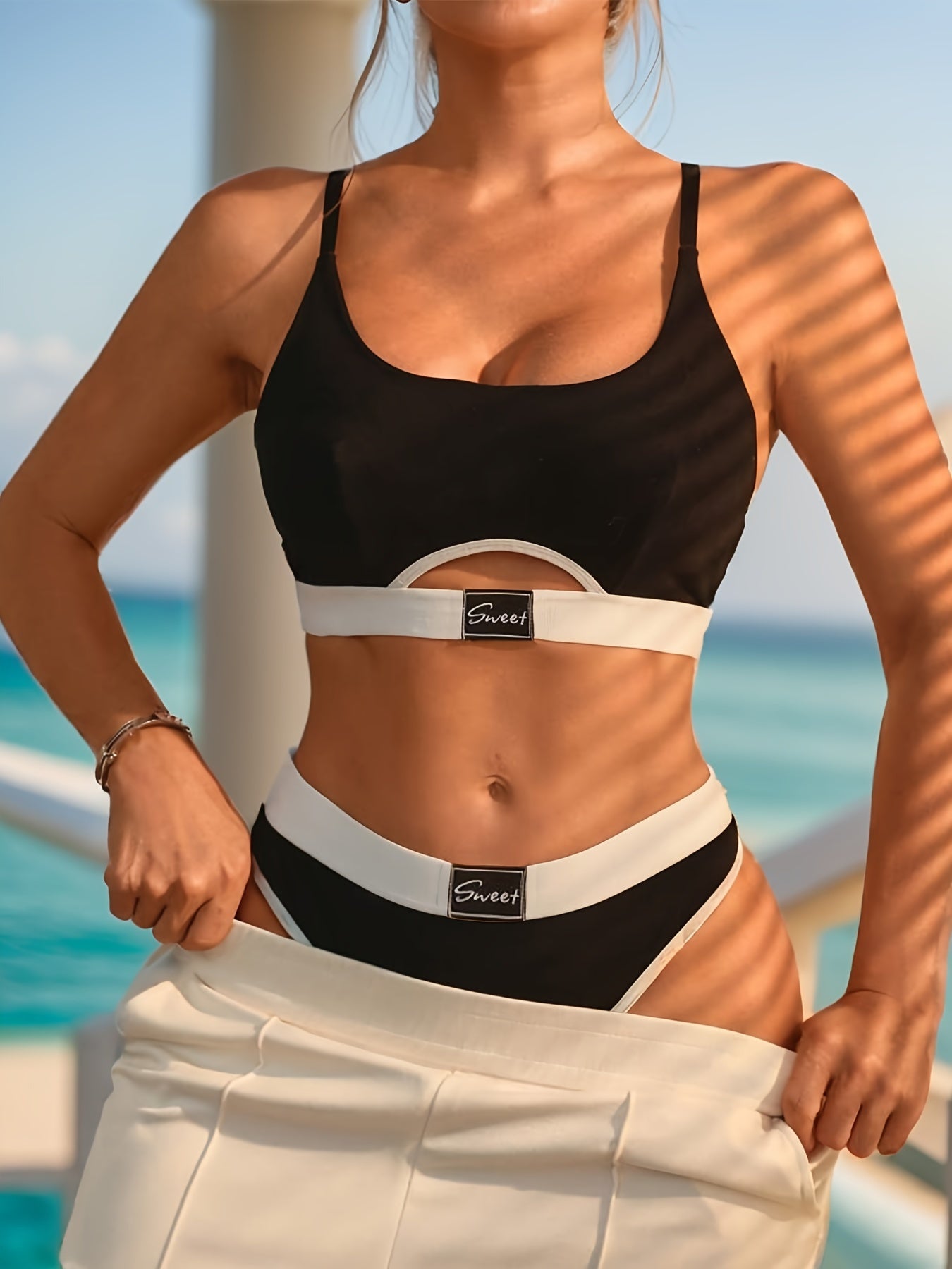 Women's Lingerie Set with Color Block Wireless Cami Bra and Matching Panties