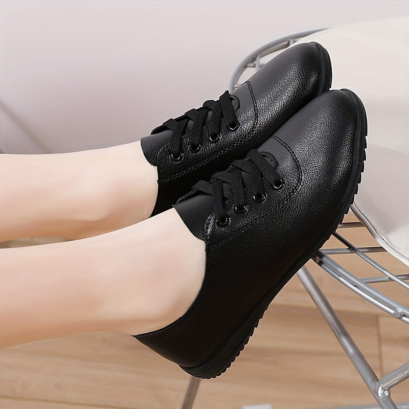 Zapatos planos de cuero sintético para mujer con cordones, ligeros y cómodos