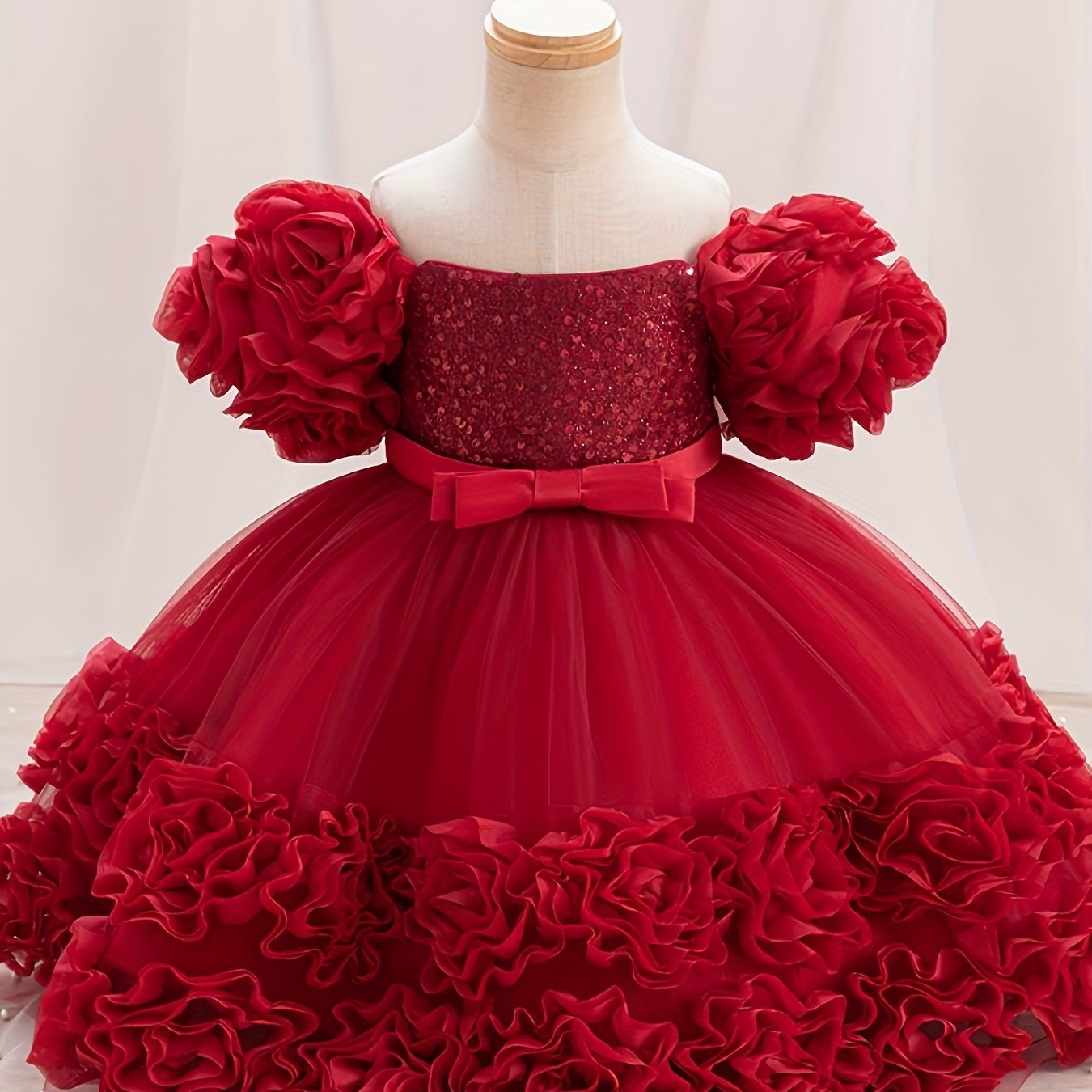 Girls Pink Princess Dress with Sequin Details Puff Sleeves Knee-Length for Pageants and Performances