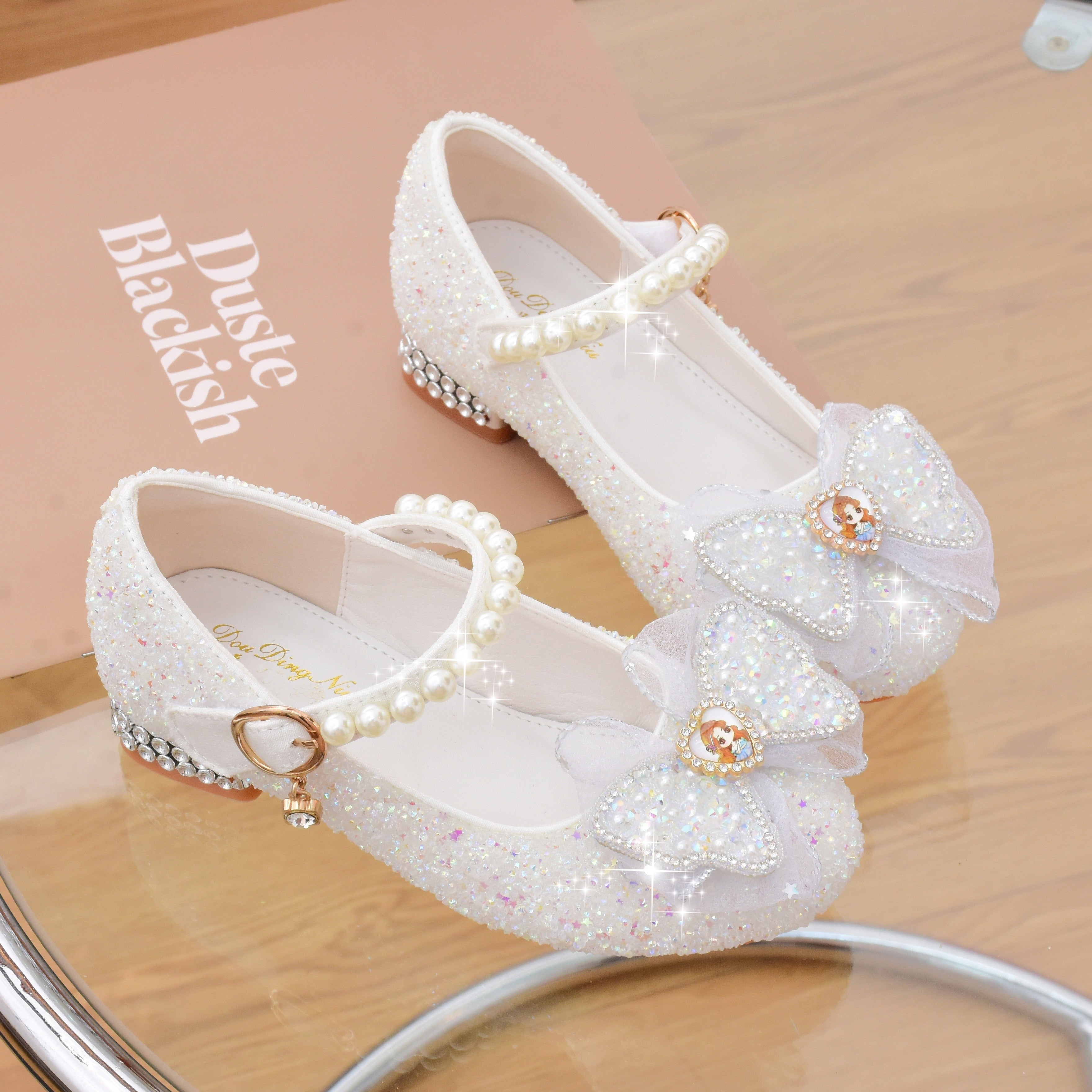 Girls Pink Glitter Butterfly Bow Mary Jane Flats with Pearl Accents for Weddings and Parties
