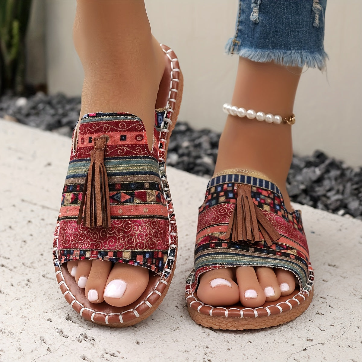 Bohemian Canvas Sandals for Women with Tassel and Ethnic Pattern Slip-On Open Toe Flat Summer Shoes