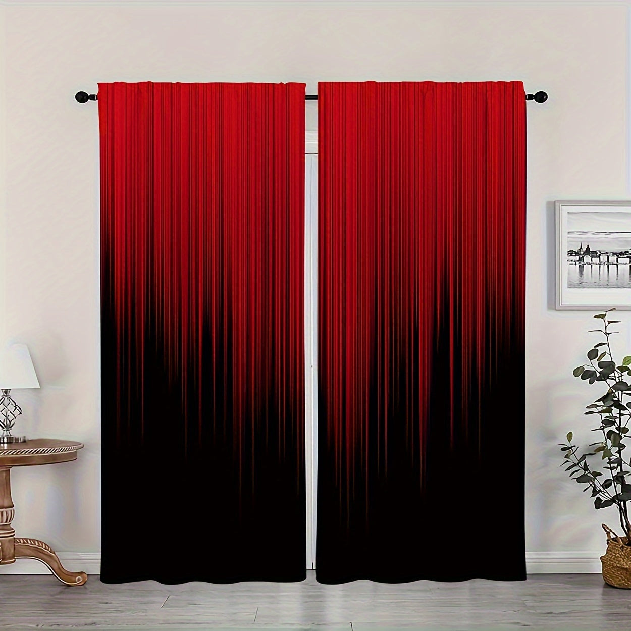Set of 2 Red Black Gradient Stripe Polyester Curtains for Bedroom Living Room Office Kitchen Window Treatment