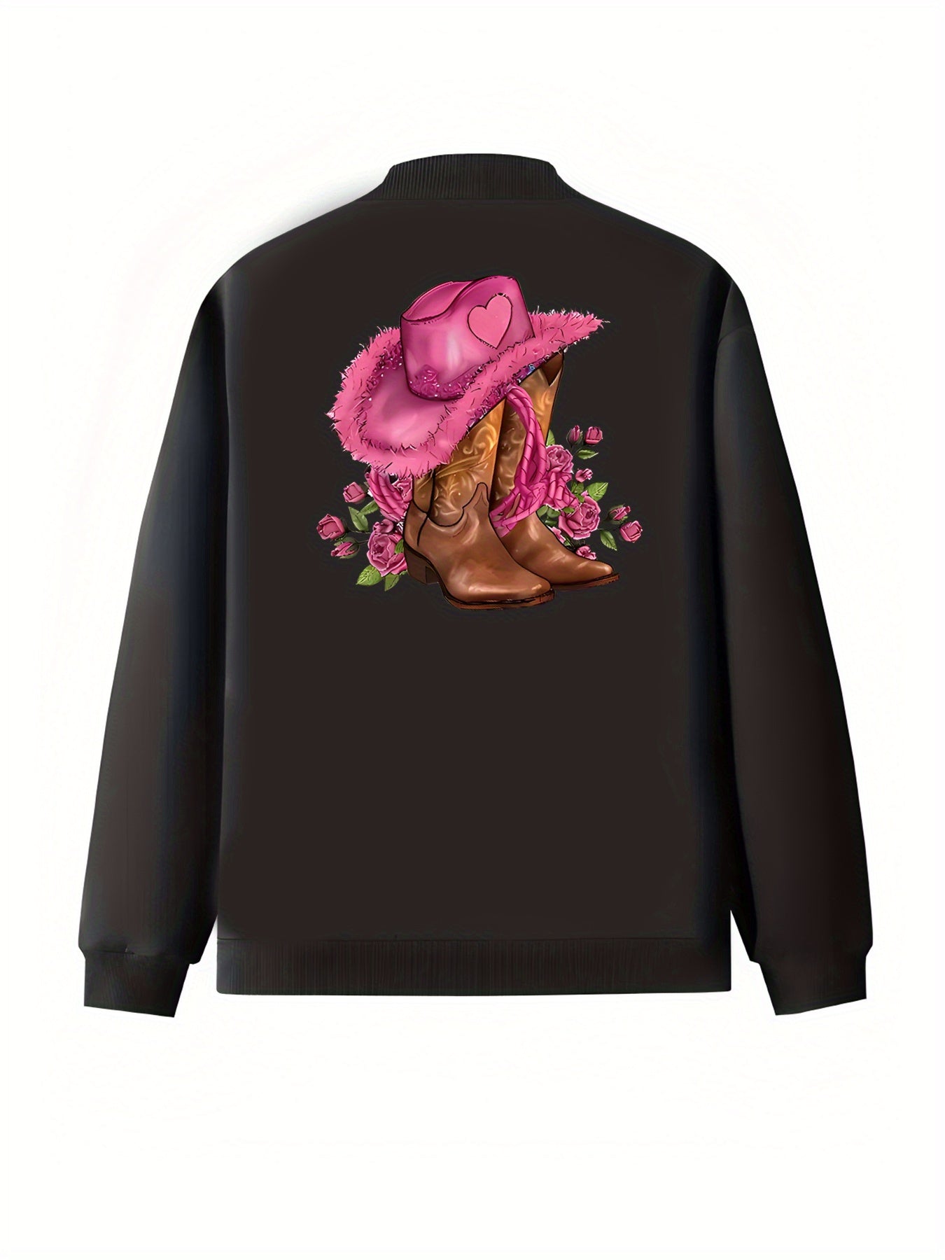 Women's Plus Size Casual Black Cowboy Jacket with Heart Print and Pockets