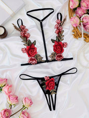 Women's Floral Lingerie Set with Black Bra and Red Pink Flower Thong