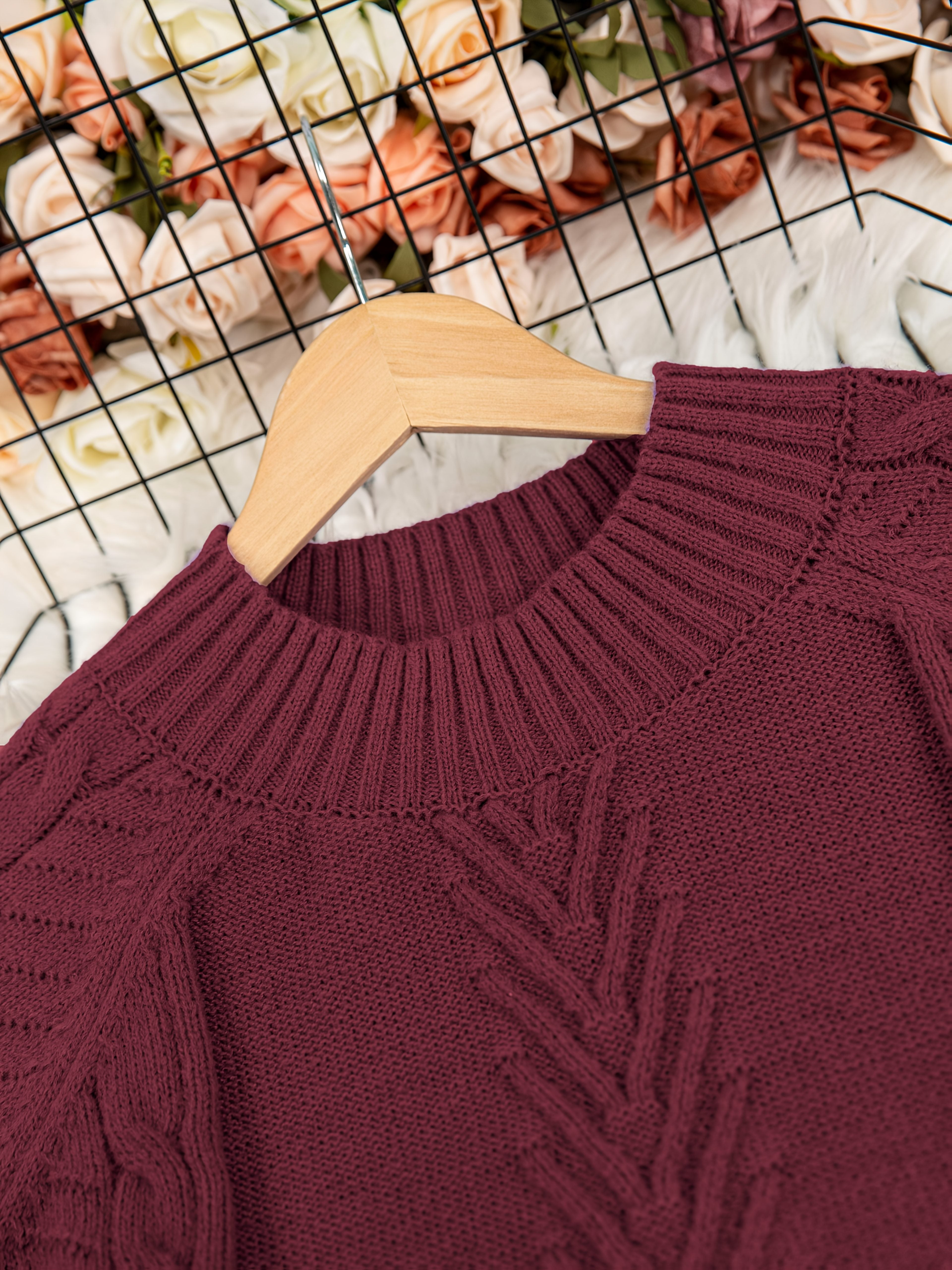 Suéter de punto de manga larga y cuello redondo grande para mujer en poliéster sólido