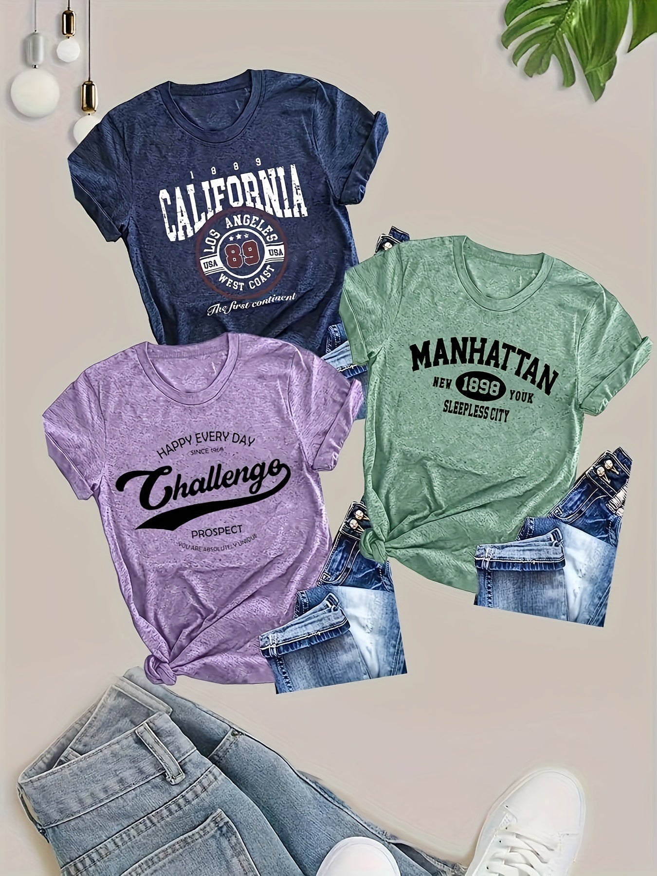 Women's Rayon Blend Casual T-Shirts Set Short Sleeve Letter Print