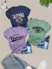 Women's Rayon Blend Casual T-Shirts Set Short Sleeve Letter Print