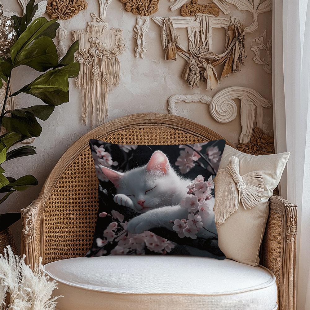 White Cat and Cherry Blossom Cushion Cover 45cm Machine Washable Sofa Bedroom Decor