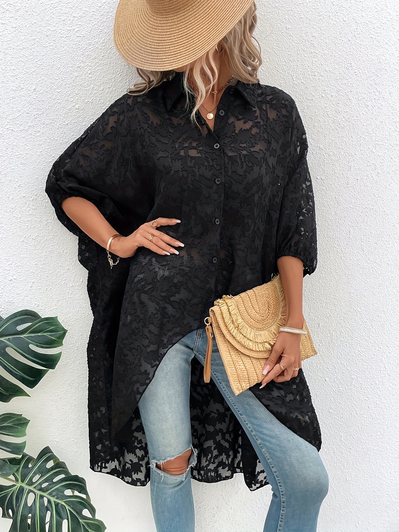 Women's Plus Size Batwing Sleeve Button Front Shirt High Low Hem Spring Summer
