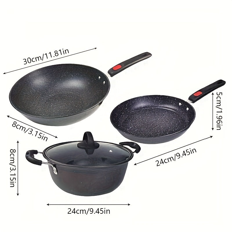 Set of 3 Cast Iron Cookware with Non-Stick Maifan Stone Coating Frying Pan Skillet Stock Pot