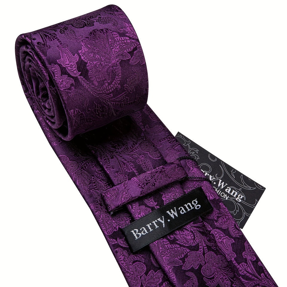 Men's Floral Woven Tie Set with Cufflinks and Handkerchief for Wedding or Formal Events