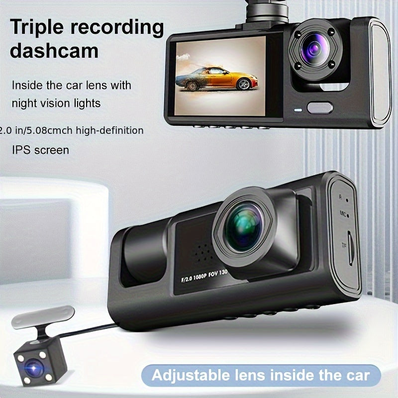 3-Channel Car Dash Camera with 1080P Night Vision and Wide-Angle Lenses