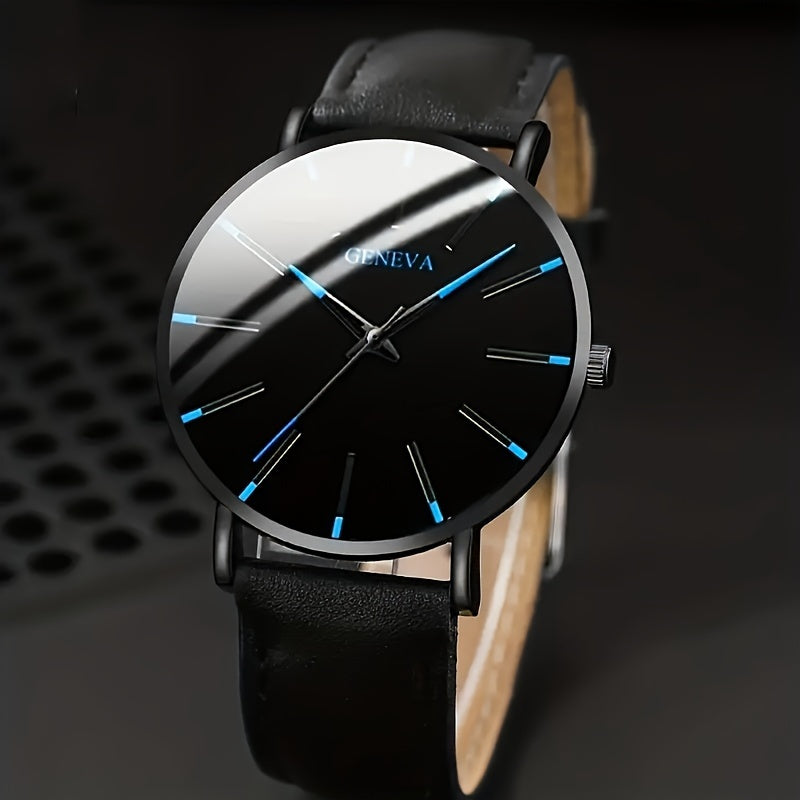 Set of 3 Men's Watches Stylish Round Quartz Wristwatches with PU Leather Straps and Alloy Cases