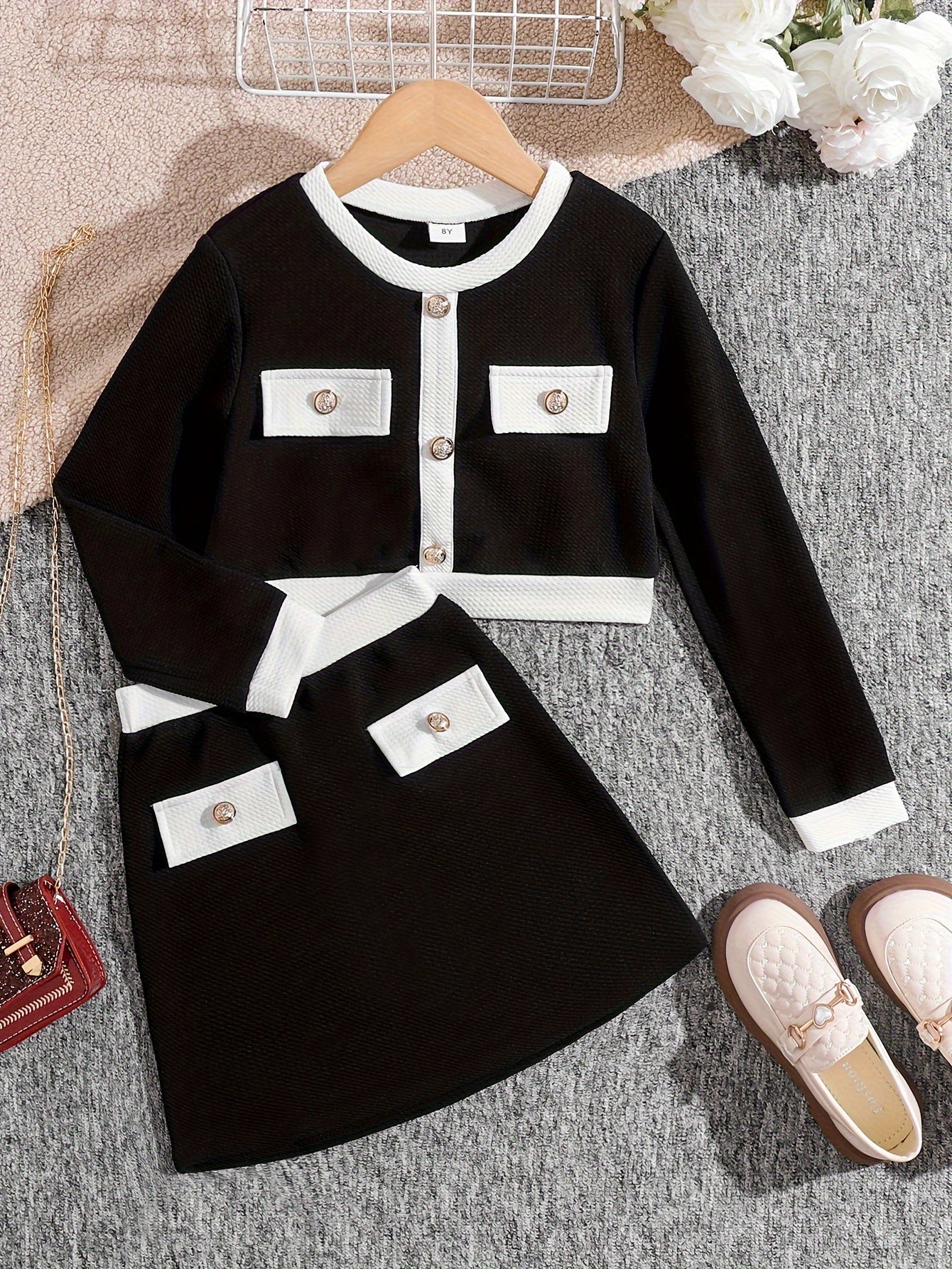 Girls' 2-Piece Striped Outfit with Crew Neck Cardigan and Skirt for Casual and Party Wear