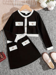 Girls' 2-Piece Striped Outfit with Crew Neck Cardigan and Skirt for Casual and Party Wear