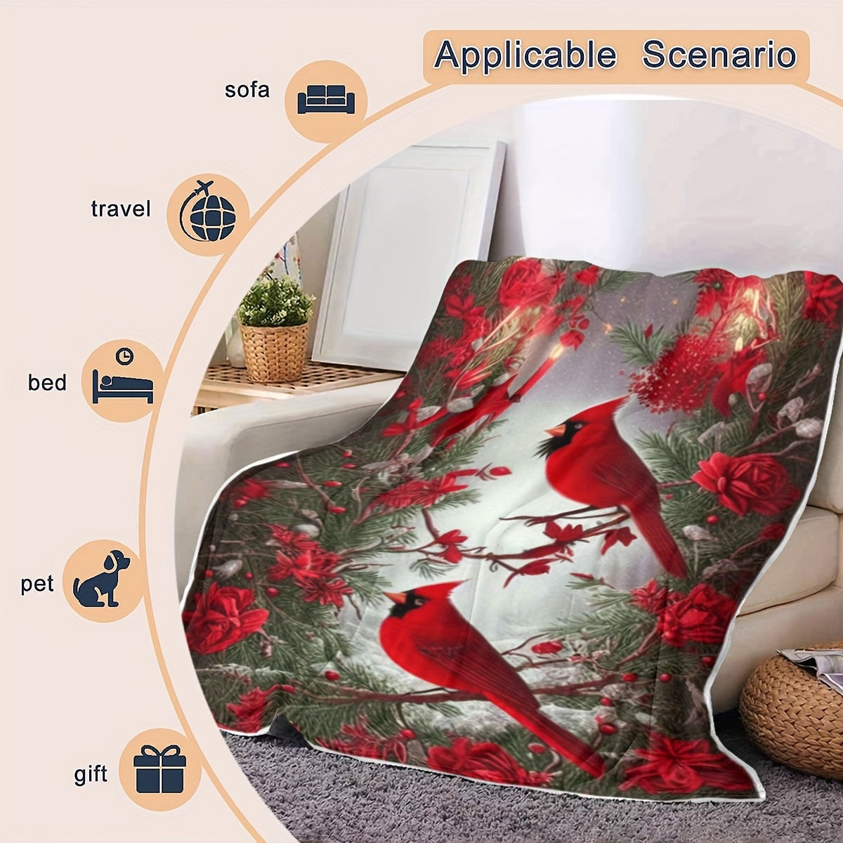 Colorful Cardinal Patterned Flannel Throw Blanket for All Seasons Woven Polyester