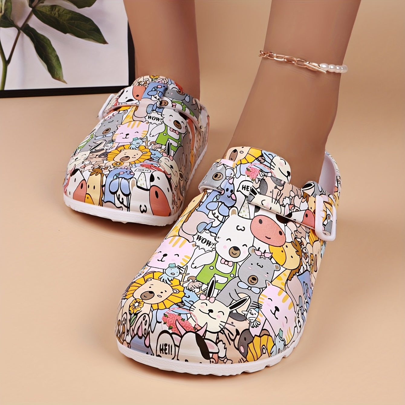 Women's EVA Animal Print Mules Clogs Flat Heel Non-Slip Easy Clean