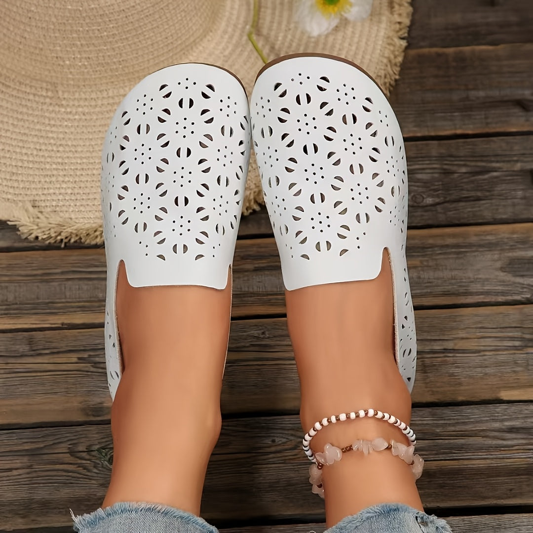 Women's Breathable Slip-On Flats with Cut-Out Design White Casual Shoes