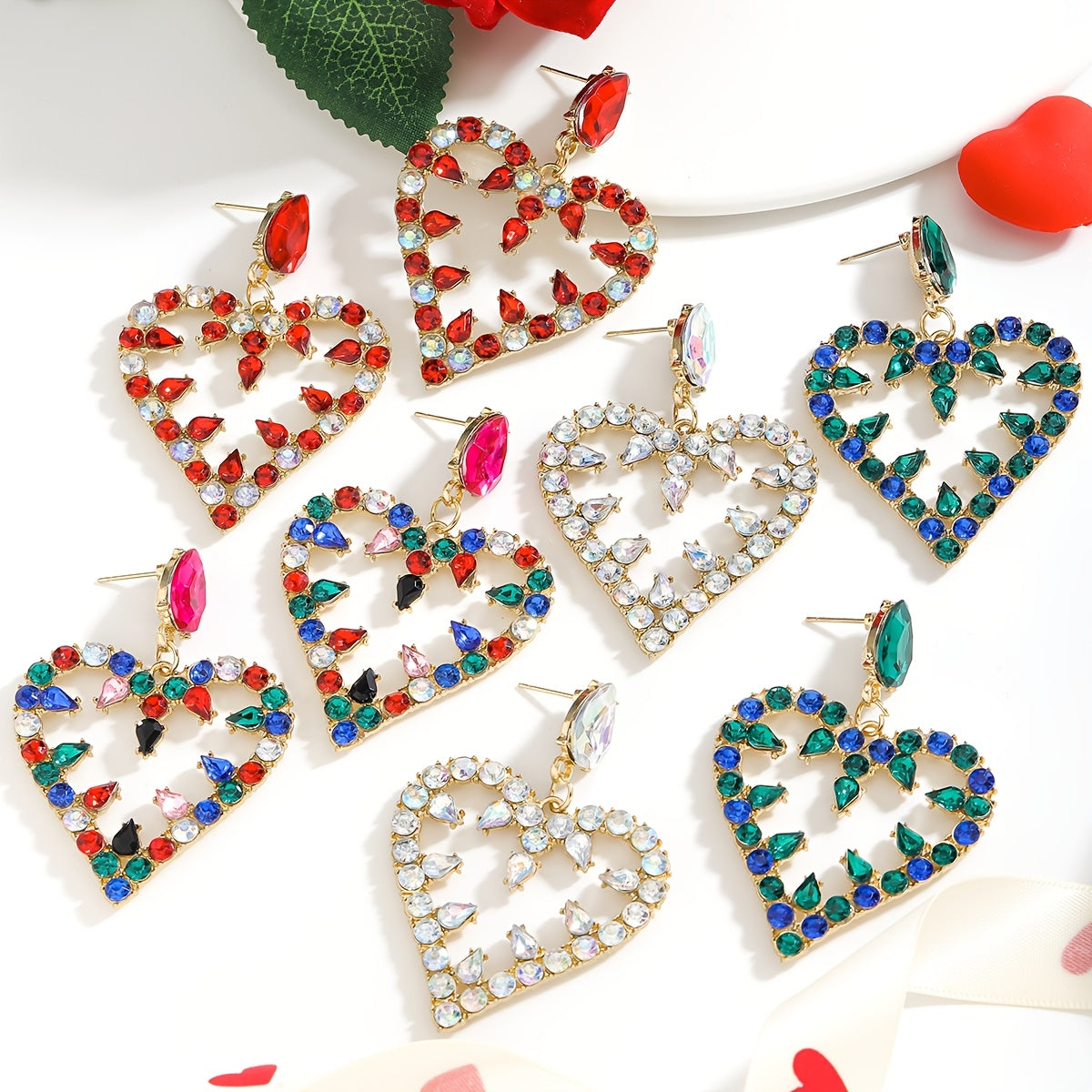 Pink and Red Heart-Shaped Rhinestone Drop Earrings for Valentine's Day Formal Occasion