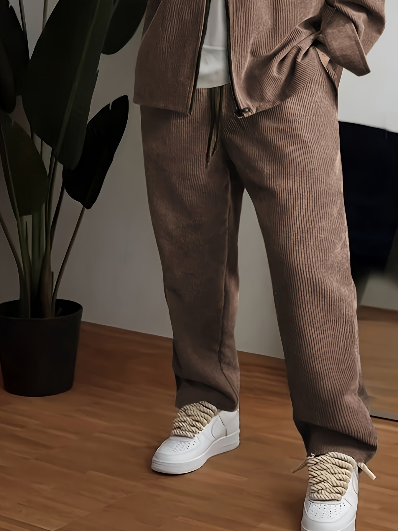 Men's Casual Set Brown Polyester Woven Jacket and Pants Fall Winter Outdoor Leisure