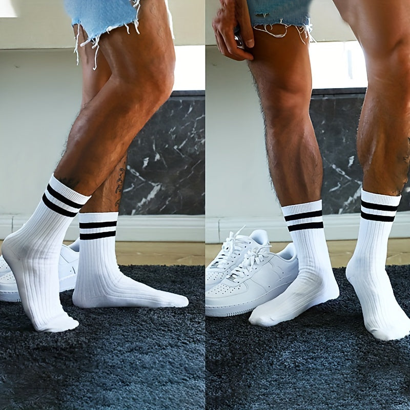 Men's Striped Crew Socks 6 Pairs Breathable Polyester Spandex All-Season