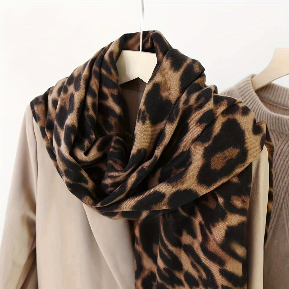 Leopard Print Faux Fur Scarf for Women Winter Cashmere Feel Tassels Warm Accessory