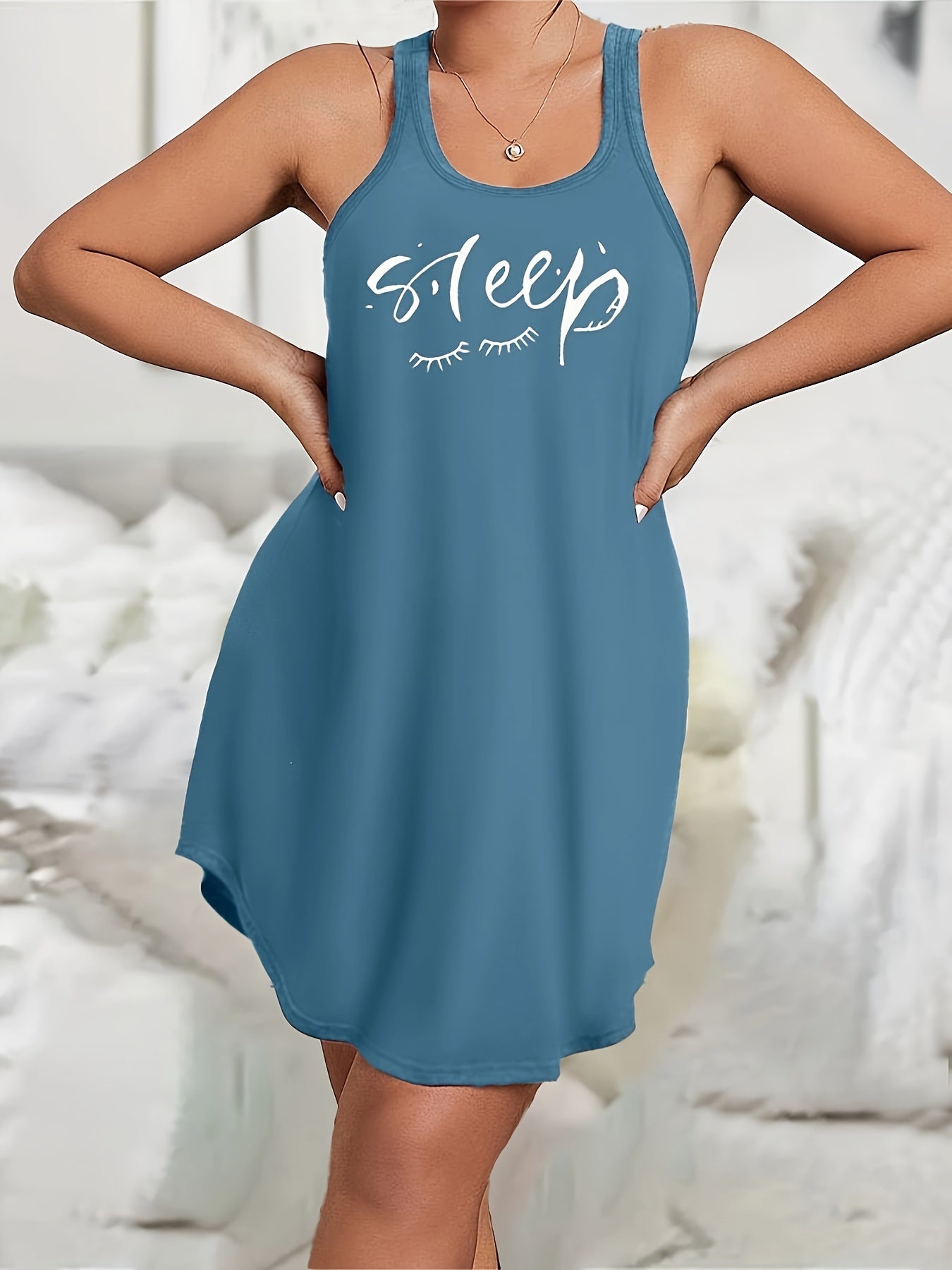 Plus Size Loungewear Dress with Scoop Neck Racer Back Eyelash and Letter Print