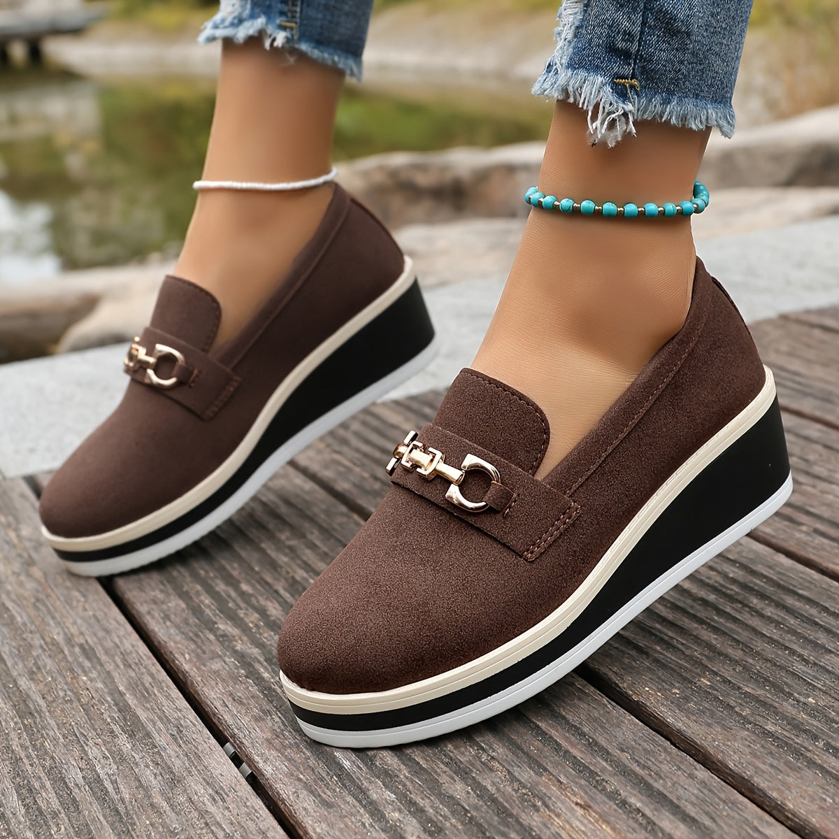 Women’s Mid-Top Platform Sneakers Casual Slip-On Flat Shoes Beige