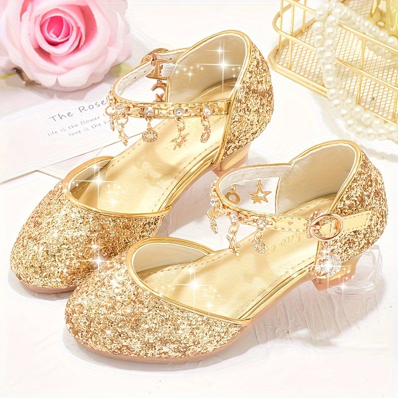 Girls High Heels Sparkling Glitter Sequin Rhinestone Star Dress Shoes for Weddings Performances