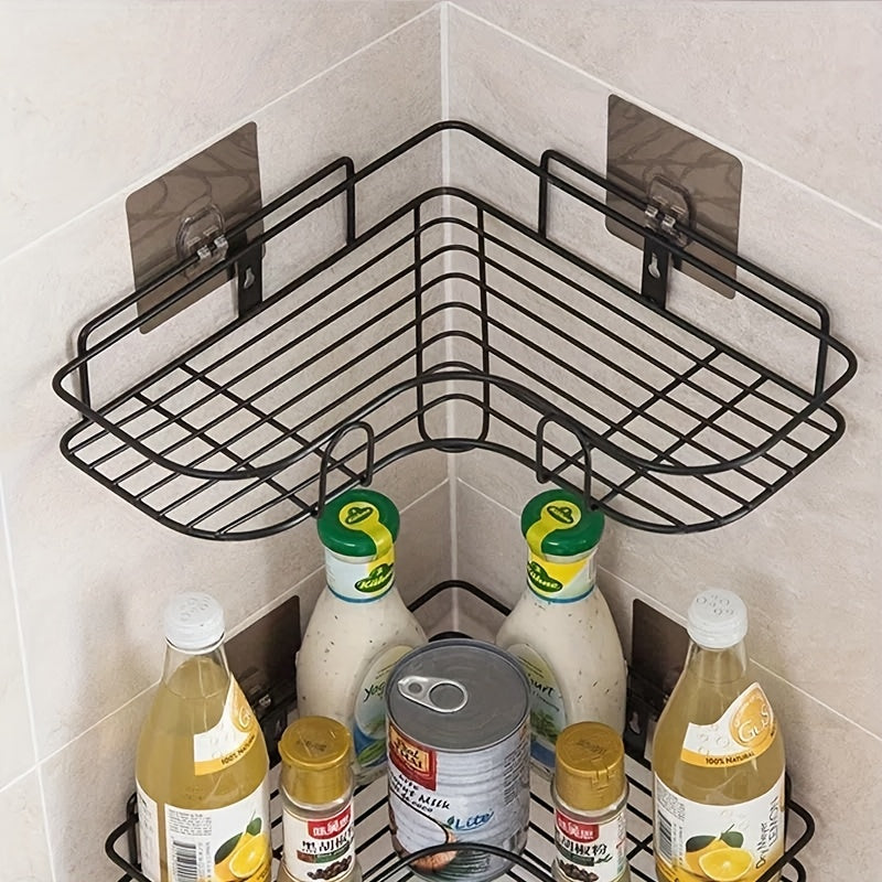 Black Metal Corner Shelf with Hooks Waterproof Adhesive Mount Bathroom Organizer