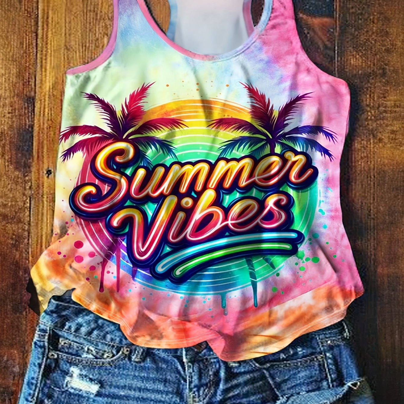 Top de tirantes gráfico de verano para mujer talla grande, casual, con efecto tie-dye, para playa y vacaciones