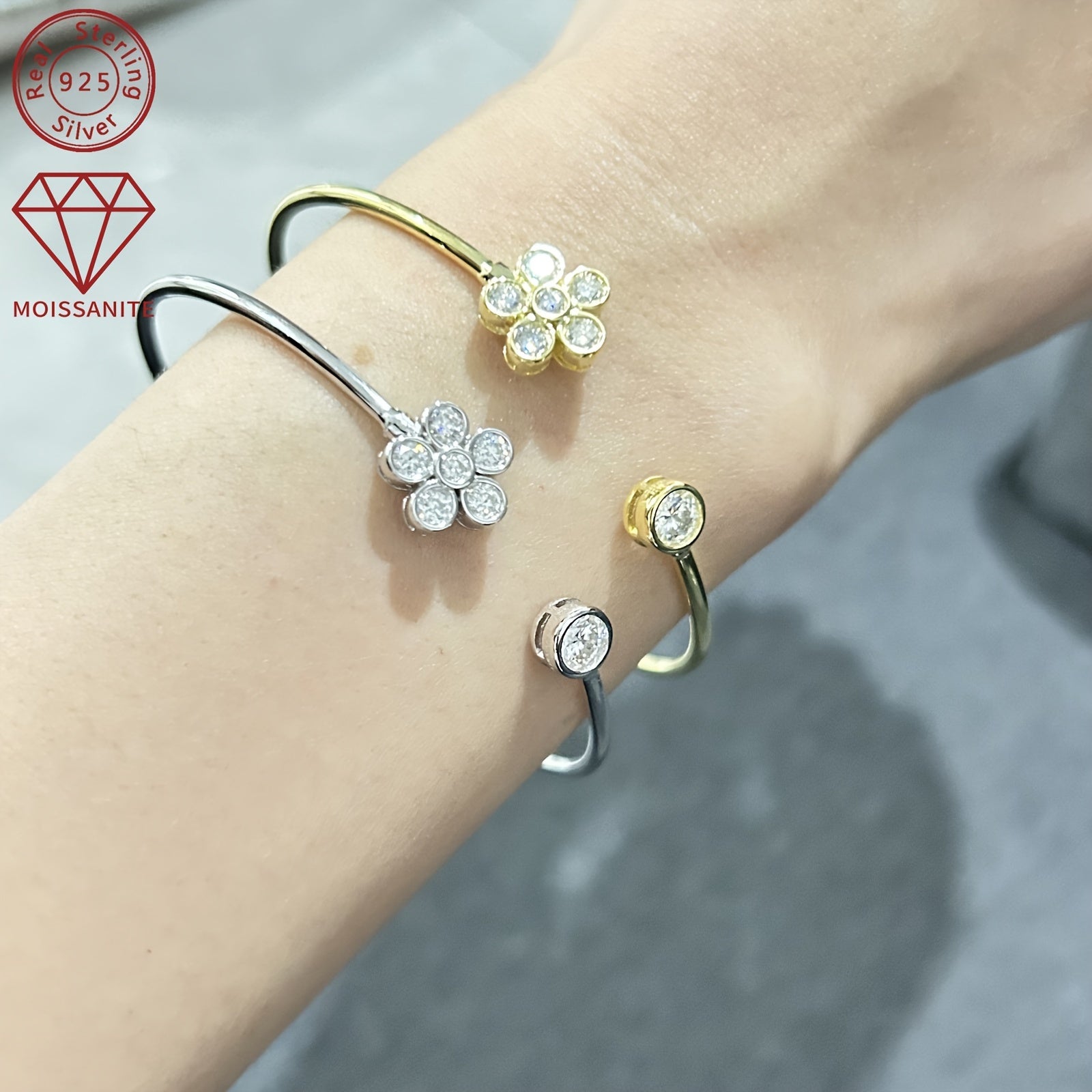 Open Cuff Bracelet for Women with Synthetic Moissanite Stones 925 Silver 14K Gold Plating April Birthstone Elegant Floral Design