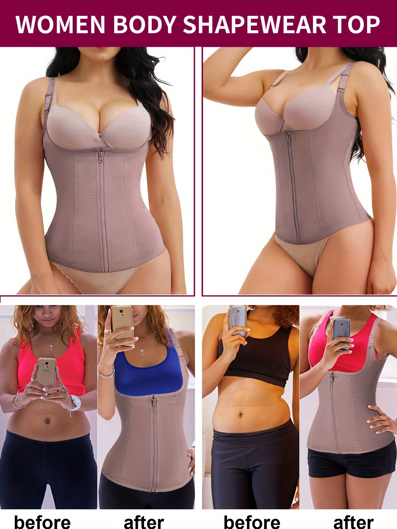 Women's Black Zipper Shaping Cami Top Tummy Control Waist Trainer