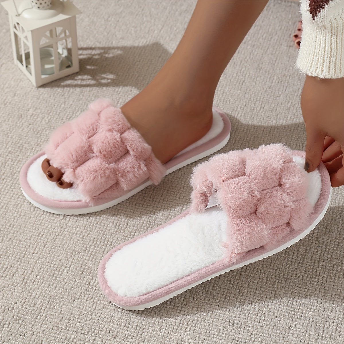 Women's Plush Open-Toe Indoor Slippers Non-Slip Comfortable Breathable
