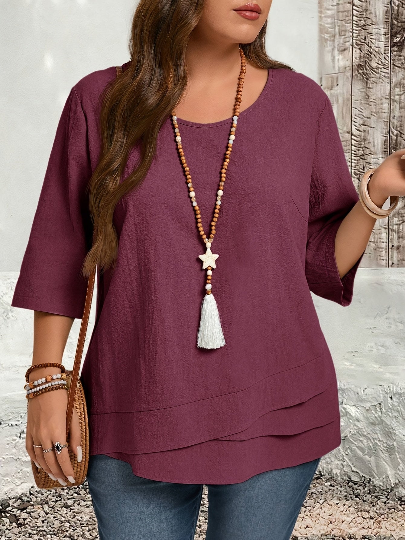 Plus Size Beige Blouse Women’s Casual Formal Top with Asymmetrical Hem