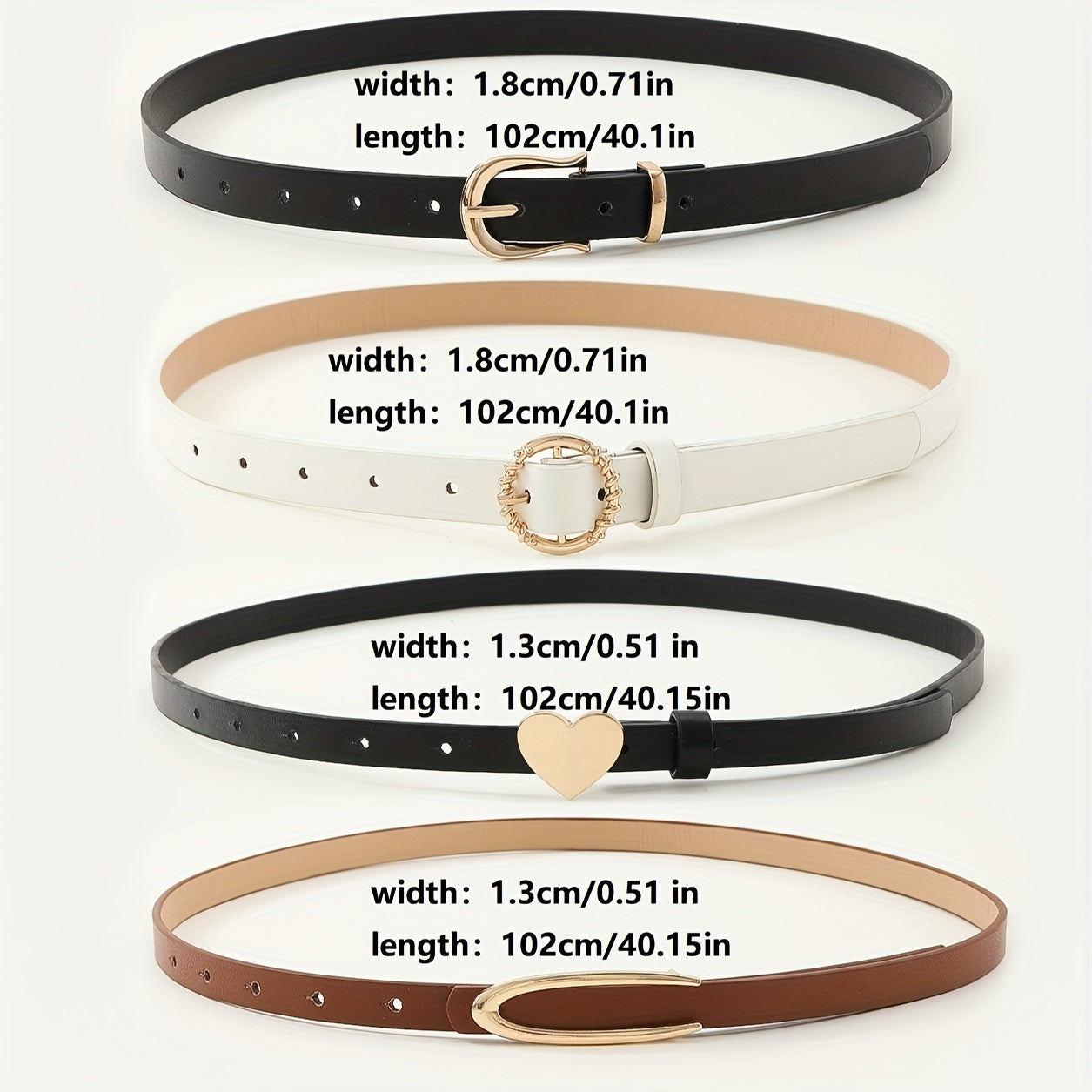 Set of 5 Women's PU Leather Belts with Heart and Circle Buckles Slim Waistbands for Dresses and Suits