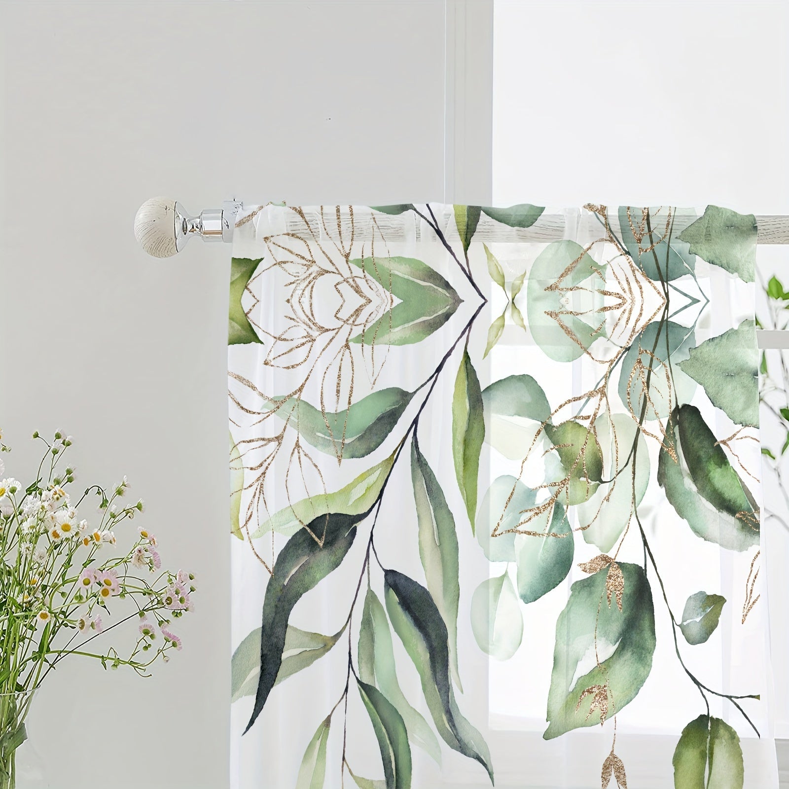 Juego de cortinas de gasa con hojas verdes en acuarela y estilo nórdico para dormitorio, sala de estar, oficina y cocina